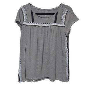 Ann Taylor Loft Top Size L Navy Blue and White Stripe Embroidered Flowy
